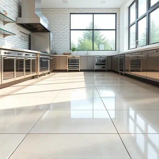 Restored shiny tile and grout surface in a clean, well-lit commercial kitchen with modern design elements