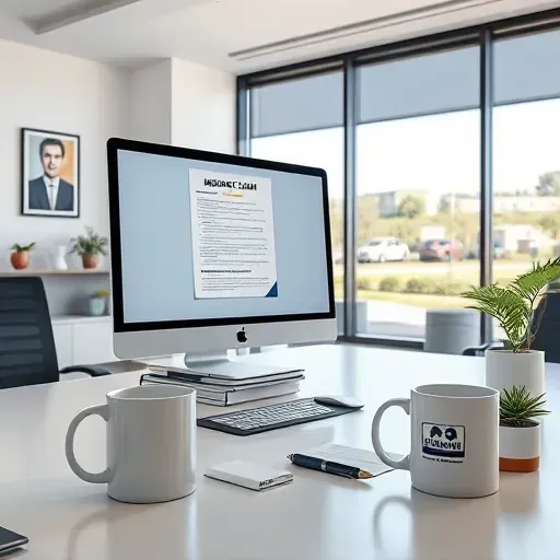 Modern office desk with computer displaying insurance claim documents, organized files, pen, branded mug, and plant with natural light.
