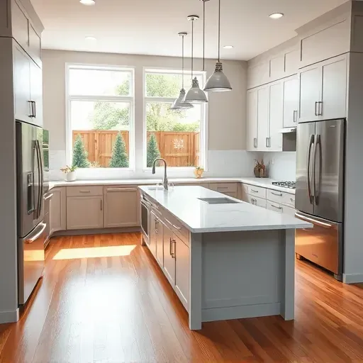 Modern remodeled Midway KY kitchen with matte cabinets stainless appliances marble island hardwood floors and natural light