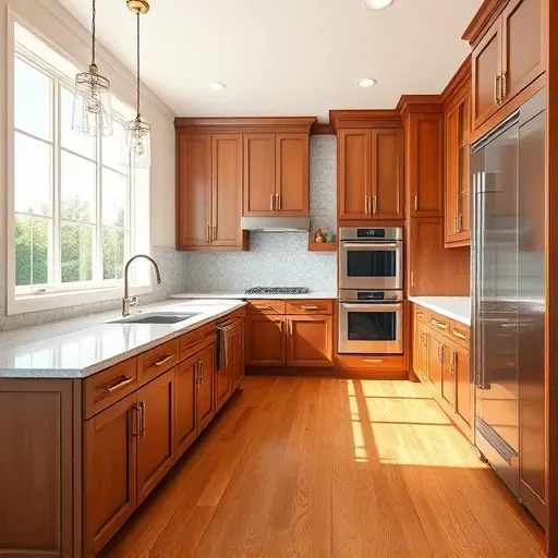 Recently remodeled Versailles KY kitchen with granite countertops stainless steel appliances custom wood cabinets hardwood floors and elegant lighting