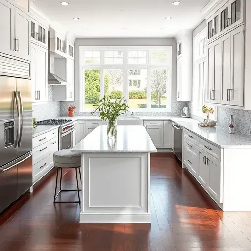 Modern kitchen remodel in Pleasureville KY features stainless steel appliances, white cabinetry, marble countertop, and bar seating.