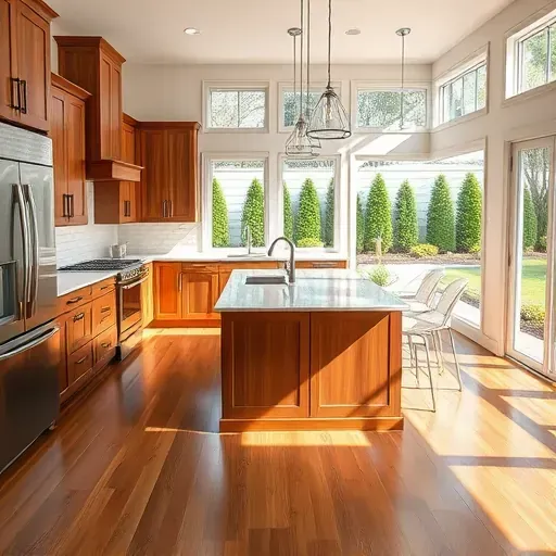 Modern kitchen in Versailles KY featuring quartz countertops, wooden cabinetry, stainless appliances, hardwood floors and natural light