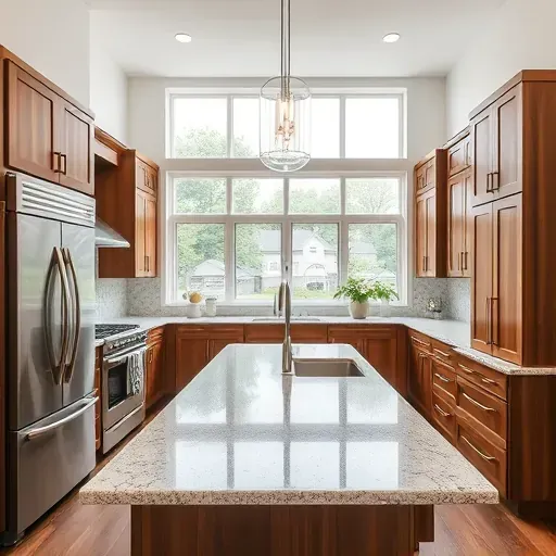 Remodeled Bloomfield KY kitchen with granite countertops stainless steel appliances custom wood cabinets and natural lighting
