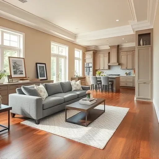 Modern living room in Lancaster, KY with beige walls, hardwood floors, gray sofa, and open kitchen design.