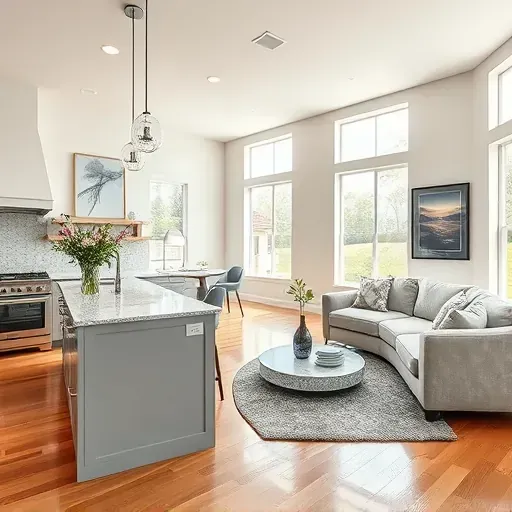 Remodeled kitchen and living area in Willisburg KY featuring sleek granite counters, stainless appliances, and stylish decor.