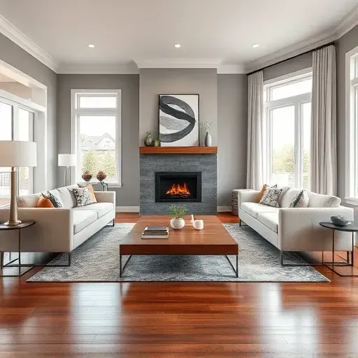 Remodeled living room in Versailles KY featuring modern furnishings, rich wooden accents, and elegant decor.