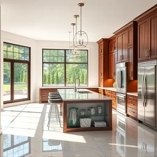 Freshly completed modern kitchen in Lawrenceburg KY with granite countertops stainless steel appliances custom cabinetry open layout natural light landscaped backyard