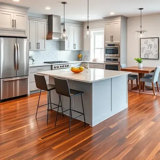 Modern kitchen remodel in Owenton KY with gray cabinetry, granite countertops, stainless steel appliances, and hardwood flooring.