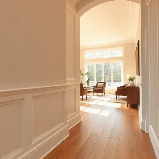 Close-up of expertly finished crown molding and baseboards in a modern KY home with hardwood floors and natural lighting