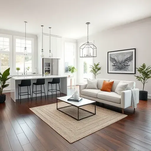 Modern open-concept living space in Burgin KY with white cabinetry, dark flooring, and natural light. Stylish furnishings enhance comfort.