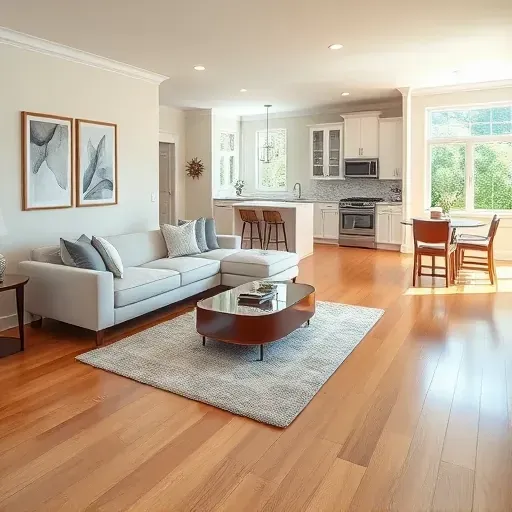 Elegant contemporary living room in Danville KY with polished hardwood floors, large windows, and stylish decor.