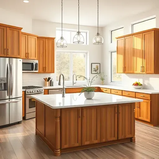 Renovated modern kitchen in New Castle Kentucky with wood finish cabinets stainless steel appliances quartz island natural light