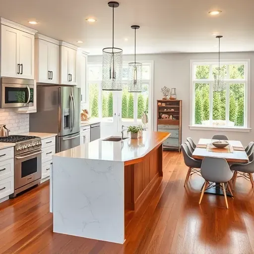 Beautiful remodeled Lebanon KY kitchen featuring quartz countertops, white cabinets, wooden island, pendant lights, neutral backsplash, stainless steel appliances, hardwood floors, large windows, and open-concept design