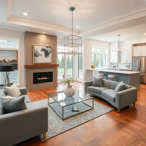 Modern living room in Springfield KY features elegant design with hardwood floors, fireplace, and natural light.