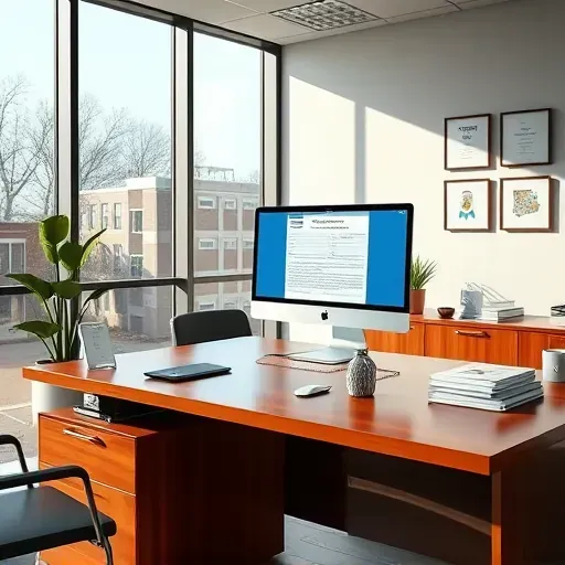 Modern insurance claims office in Lawrenceburg KY with a polished wooden desk, digital claim forms, and natural light.