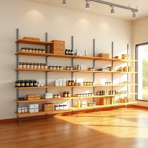 Flawlessly assembled wooden and metal shelving with organized retail products in a modern KY business space with natural light