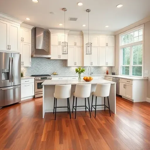 Modern kitchen remodel in Alton KY with ivory cabinets, gray granite, hardwood floors, and natural light accents.