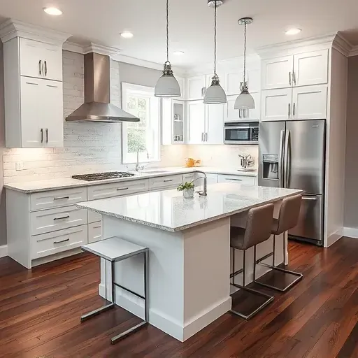 Modern kitchen remodel in Owenton, KY features sleek white cabinetry, granite countertop, stylish bar stools, and stainless appliances.