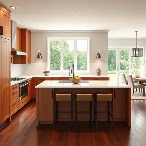 Recently remodeled modern kitchen in Bardstown KY with warm wood cabinetry, white quartz counters, stainless-steel sink, and dark hardwood floors