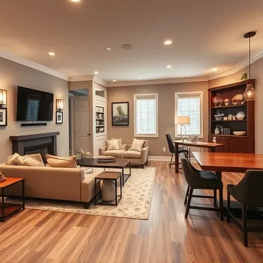 Modern remodeled basement in Lawrenceburg KY with sleek finishes, plush sectional, flat-screen TV, stylish bar, and natural lighting