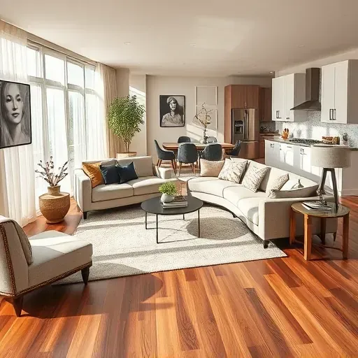 Remodeled living room in Corinth KY with neutral tones, modern decor, and a stylish open layout connecting to a kitchen.