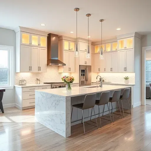 Renovated kitchen in Waddy KY with modern cabinetry, marble countertops, stainless steel appliances, and natural light.