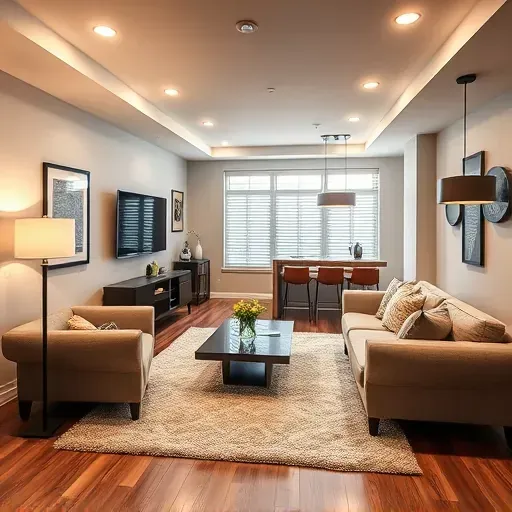 Renovated Lawrenceburg KY basement featuring modern furniture, plush sofas, sleek coffee table, cozy lighting, and a stylish bar area