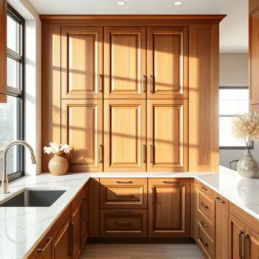 Custom handcrafted wooden kitchen cabinet in modern Lawrenceburg KY kitchen with granite countertop and stainless steel appliances