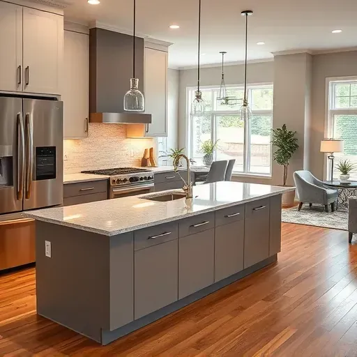 Remodeled Smithfield KY kitchen with modern cabinets, granite island, high-end appliances, hardwood floors, and natural light