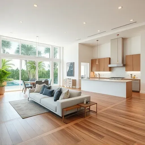 Spacious remodeled living area in Jupiter, FL featuring hardwood floors, large windows, and elegant furnishings.