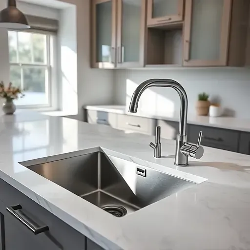 Modern stainless steel kitchen sink and chrome faucet with marble countertops and subway tile backsplash in a stylish contemporary kitchen