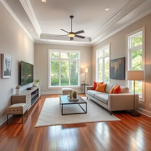 Cozy modern living room in Shelbyville KY with muted walls, elegant moldings, and natural light enhancing decor.