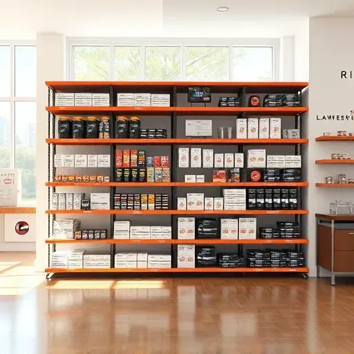 Organized retail store shelvings in Lawrenceburg KY with neat products, natural lighting, minimalist design, and professional ambiance