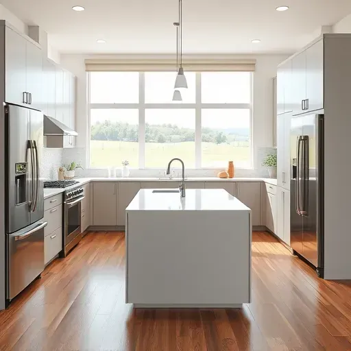 Remodeled Stamping Ground KY kitchen with matte cabinets stainless appliances quartz island backsplash hardwood floors bright windows