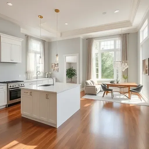 Modern kitchen and living area in Alton KY showcasing elegance and functionality with quartz countertops and natural light.
