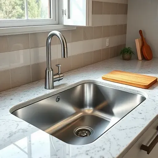 Shiny stainless steel kitchen sink with sleek faucet, granite countertops, organized accessories, and natural light in a modern kitchen