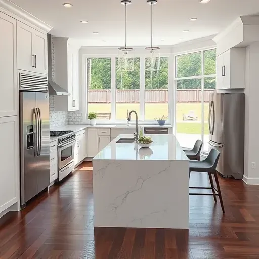 Remodeled Baghdad Kentucky kitchen with stainless appliances quartz countertops custom white cabinets marble island hardwood floors large windows backyard view