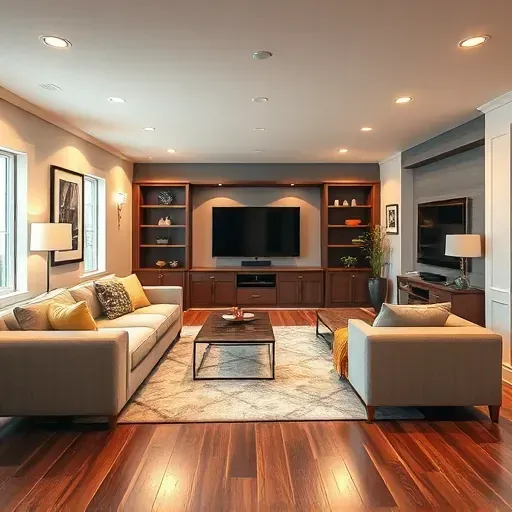 Renovated Lawrenceburg KY basement with modern finishes, spacious open layout, plush seating, polished hardwoods, and stylish decor