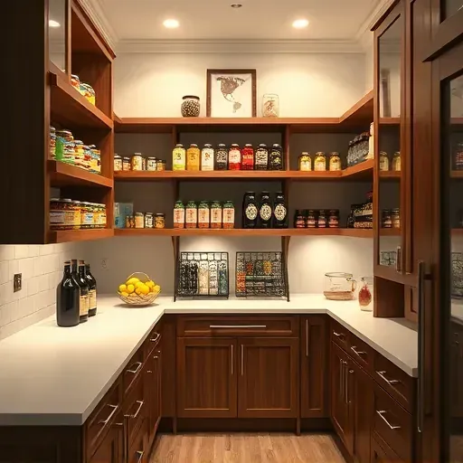 Spacious, organized pantry in Lawrenceburg KY with wooden shelves, canned goods, jars, a modern countertop, and natural lighting