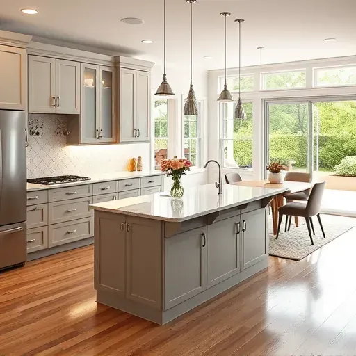 Renovated modern Kitchen in Pleasureville KY with sleek cabinetry quartz countertops stainless steel appliances large island with marble top natural light lush greenery view