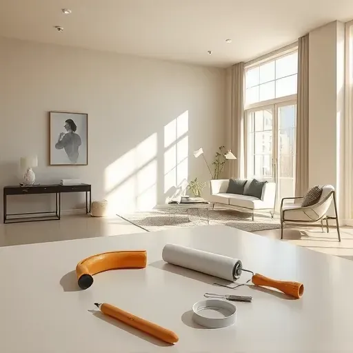 Freshly painted beige or soft gray interior wall in a modern, well-lit home with tools and elegant decor, showcasing quality craftsmanship