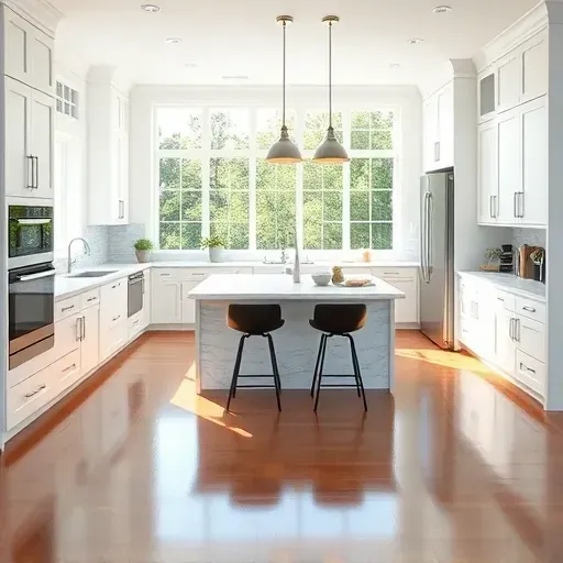 Modern stylish kitchen with white cabinets marble island stainless steel appliances natural light hardwood floors and greenery view