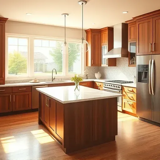 Freshly renovated kitchen in Bardstown KY with modern cabinetry, marble island, high-end appliances, and warm natural lighting.