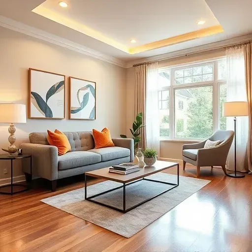 Elegantly remodeled living room in Sadieville KY with beige walls, gray sofa, natural light, and reading nook.
