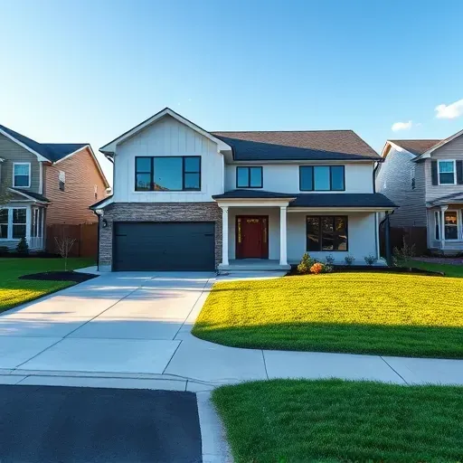 Modern single-family home in Lawrenceburg KY with large windows, welcoming porch, lush lawn, and neighborly community