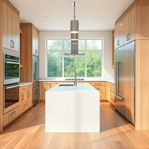 Remodeled Finchville KY kitchen with natural wood cabinetry, stainless steel hardware, quartz countertops, high-end appliances, and scenic window view