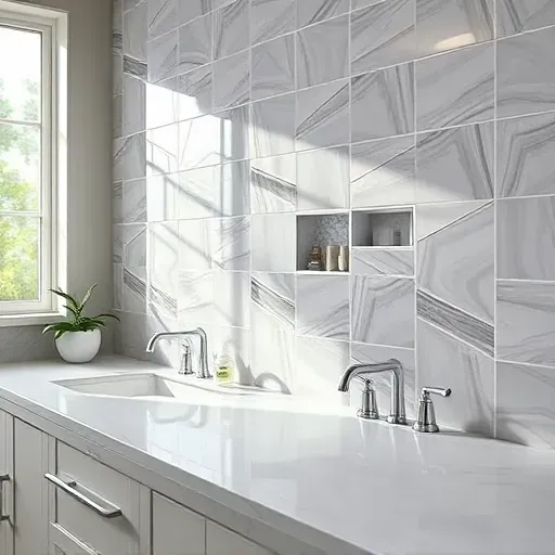 Beautiful modern bathroom backsplash with patterned ceramic tiles, perfect grout lines, and polished finish in a contemporary setting
