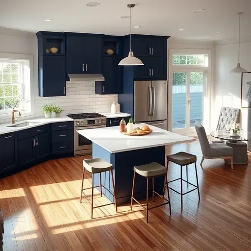 Modern Georgetown KY kitchen remodel with navy cabinetry, quartz countertops, stainless appliances, and natural light.