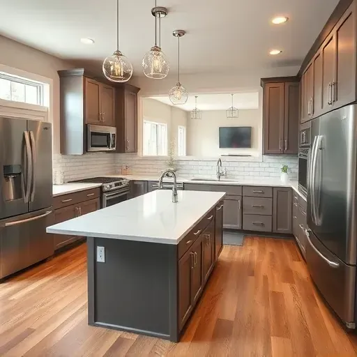 Remodeled Glensboro KY kitchen with matte modern cabinets stainless appliances quartz island subway tile backsplash and large window