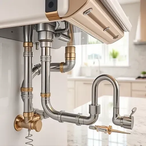Kitchen plumbing system with stainless steel pipes and fixtures under a modern sink in a bright, stylish kitchen in Lawrenceburg KY